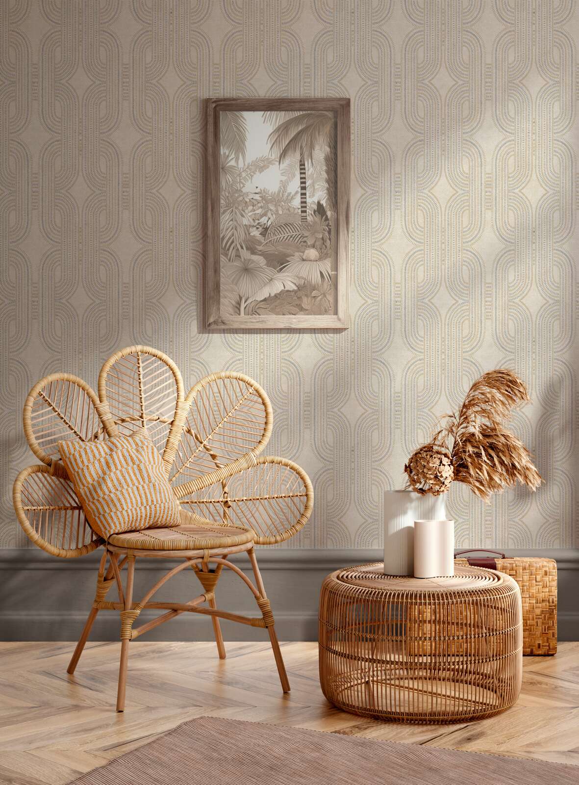             Graphic retro non-woven wallpaper - beige, metallic, grey
        