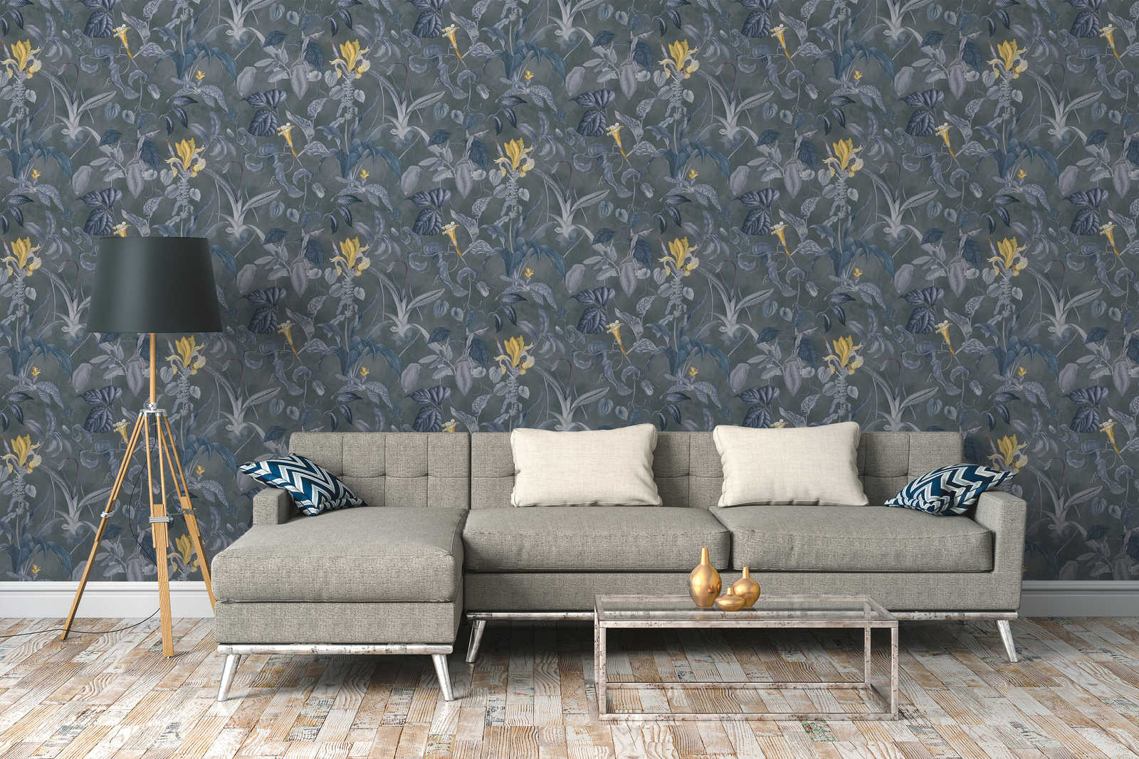             Tropical floral wallpaper grey-blue, Design by MICHALSKY
        