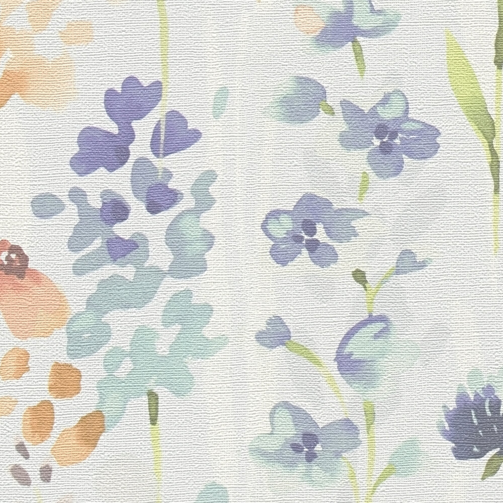             Colourful flower meadow wallpaper in watercolour look - colourful, light grey, orange
        