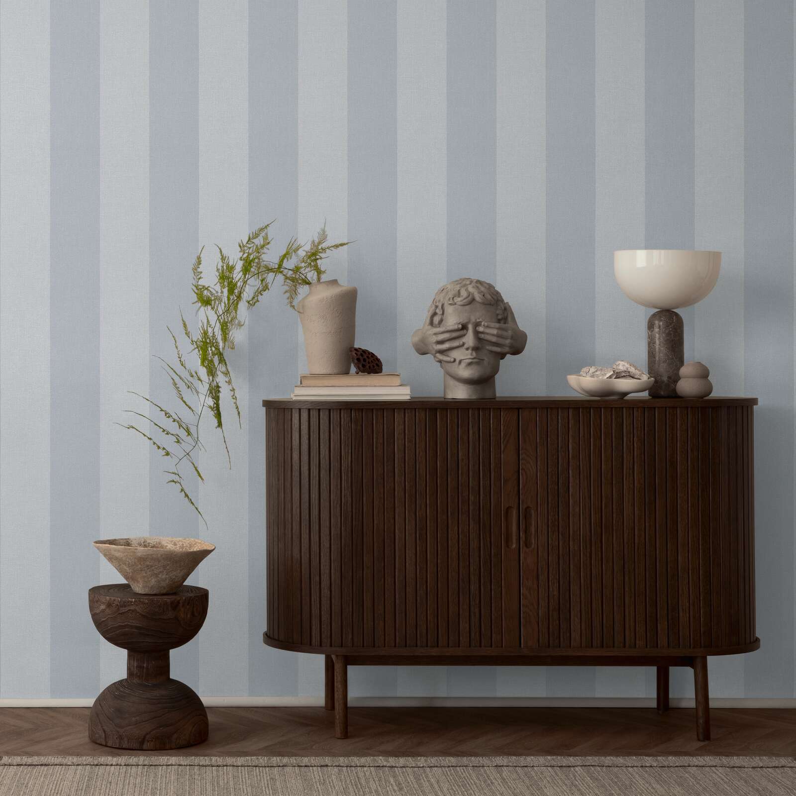             Non-woven wallpaper with stripes and textured pattern - blue, grey
        