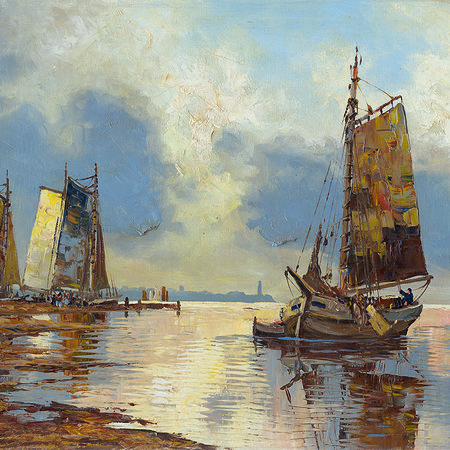 Pittura ad olio con murale storico di navi a vela
