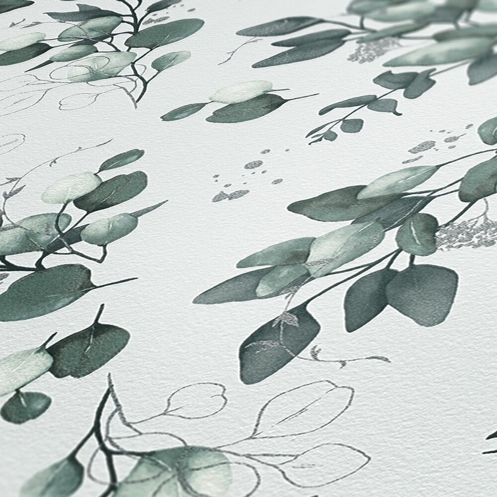             Smooth non-woven wallpaper with an elegant floral motif - white, green, silver
        