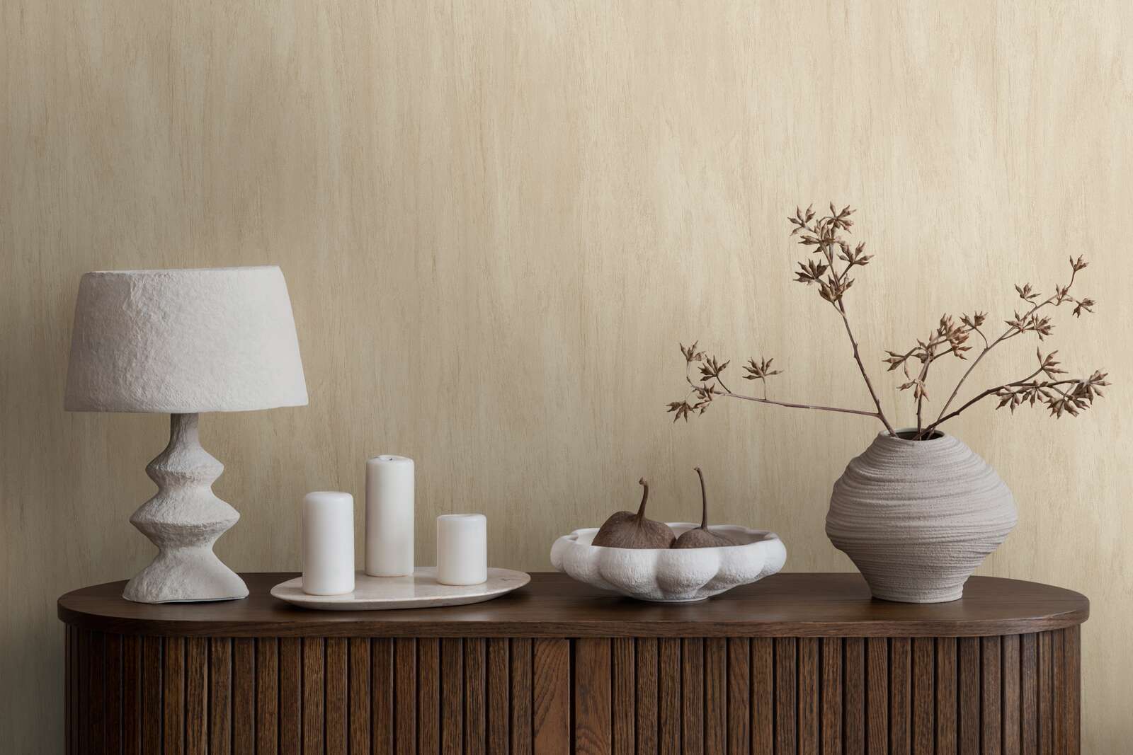             Plain non-woven wallpaper with a light wood texture - beige
        