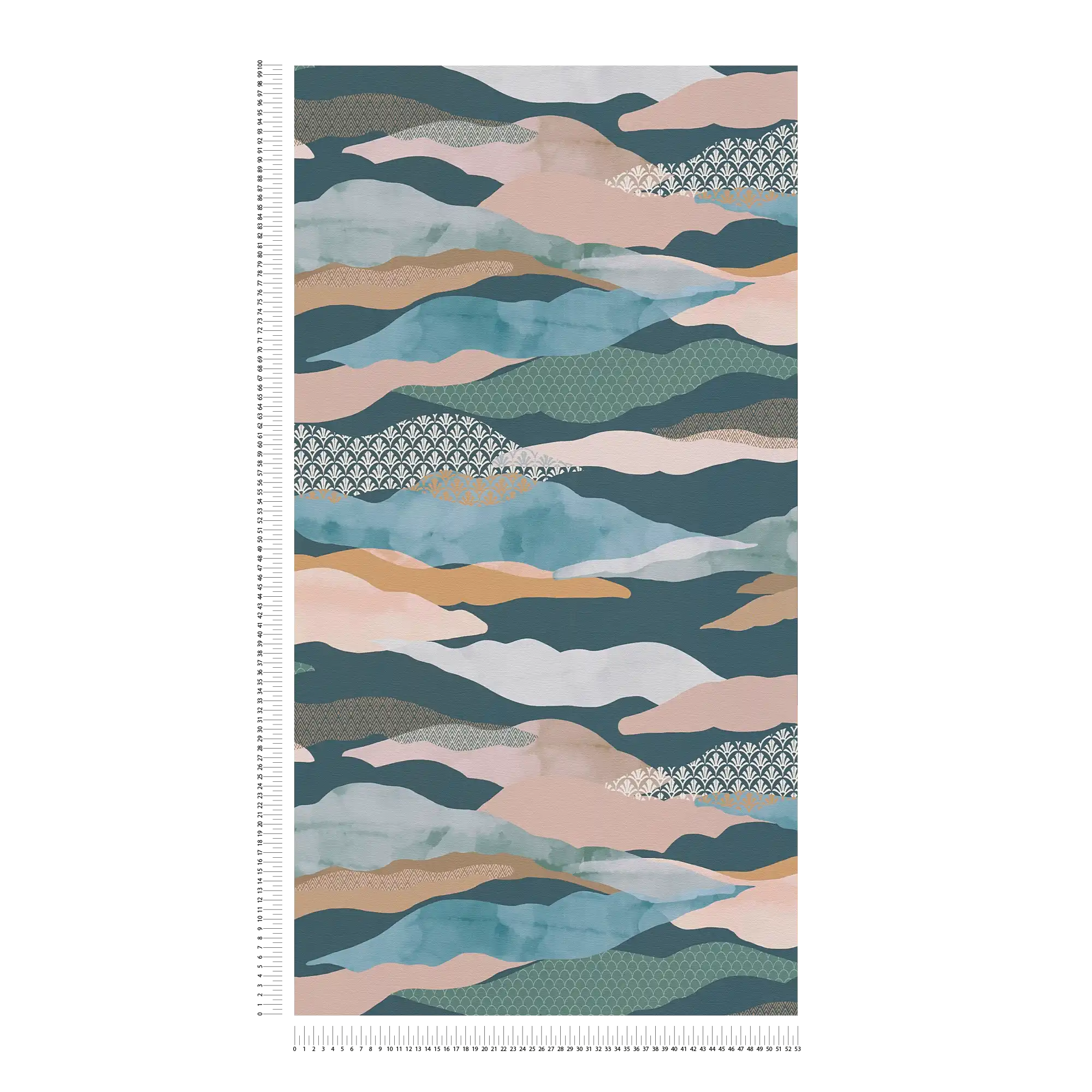             Non-woven wallpaper with abstract wave and cloud pattern - blue, green, pink
        