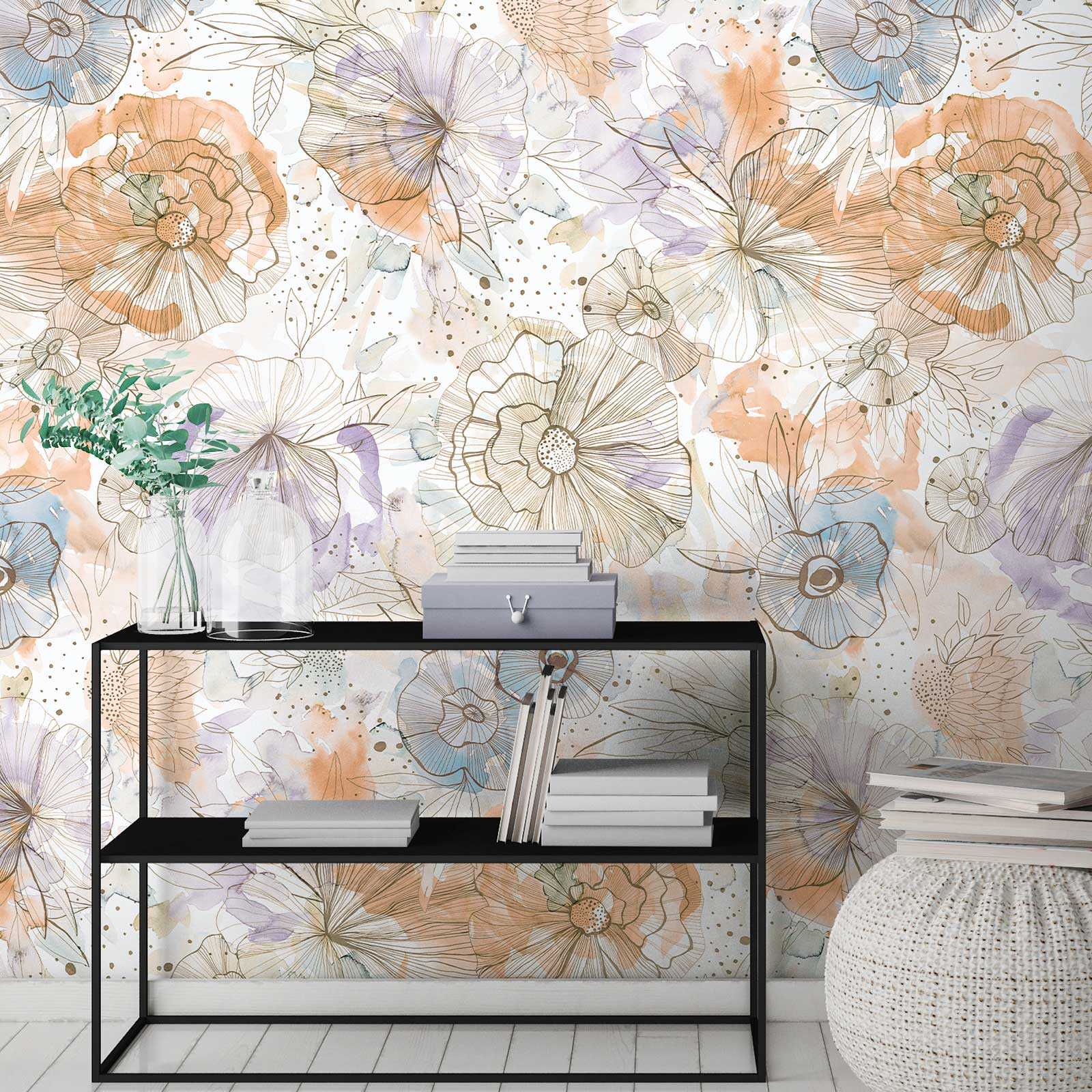         Papel pintado con motivo en diseño XXL con flores y capullos en acuarela - beige, naranja, azul
    