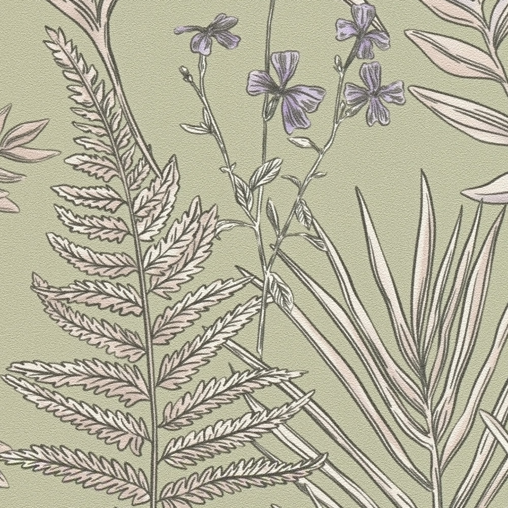             papier peint en papier moderne style floral structuré avec des feuilles et des fleurs - gris, crème, violet
        