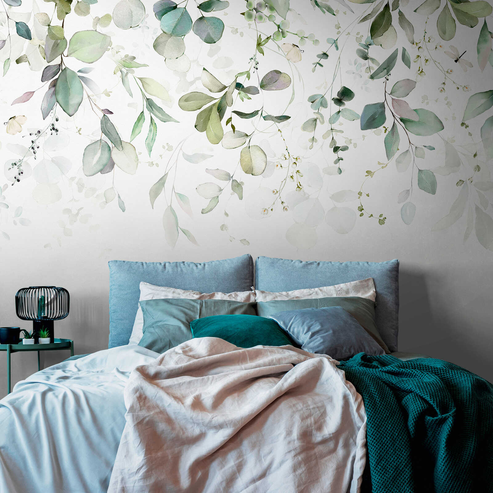             Eucalyptus leaf tendrils non-woven wallpaper as a photo wallpaper in watercolour design - green, blue, white
        