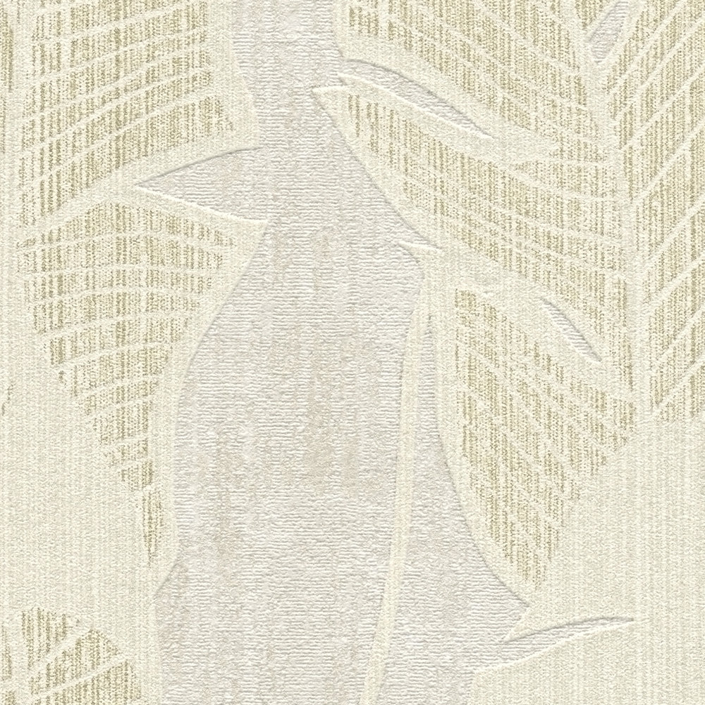             papier peint en papier aux motifs de jungle dans des couleurs douces - blanc, beige, or
        