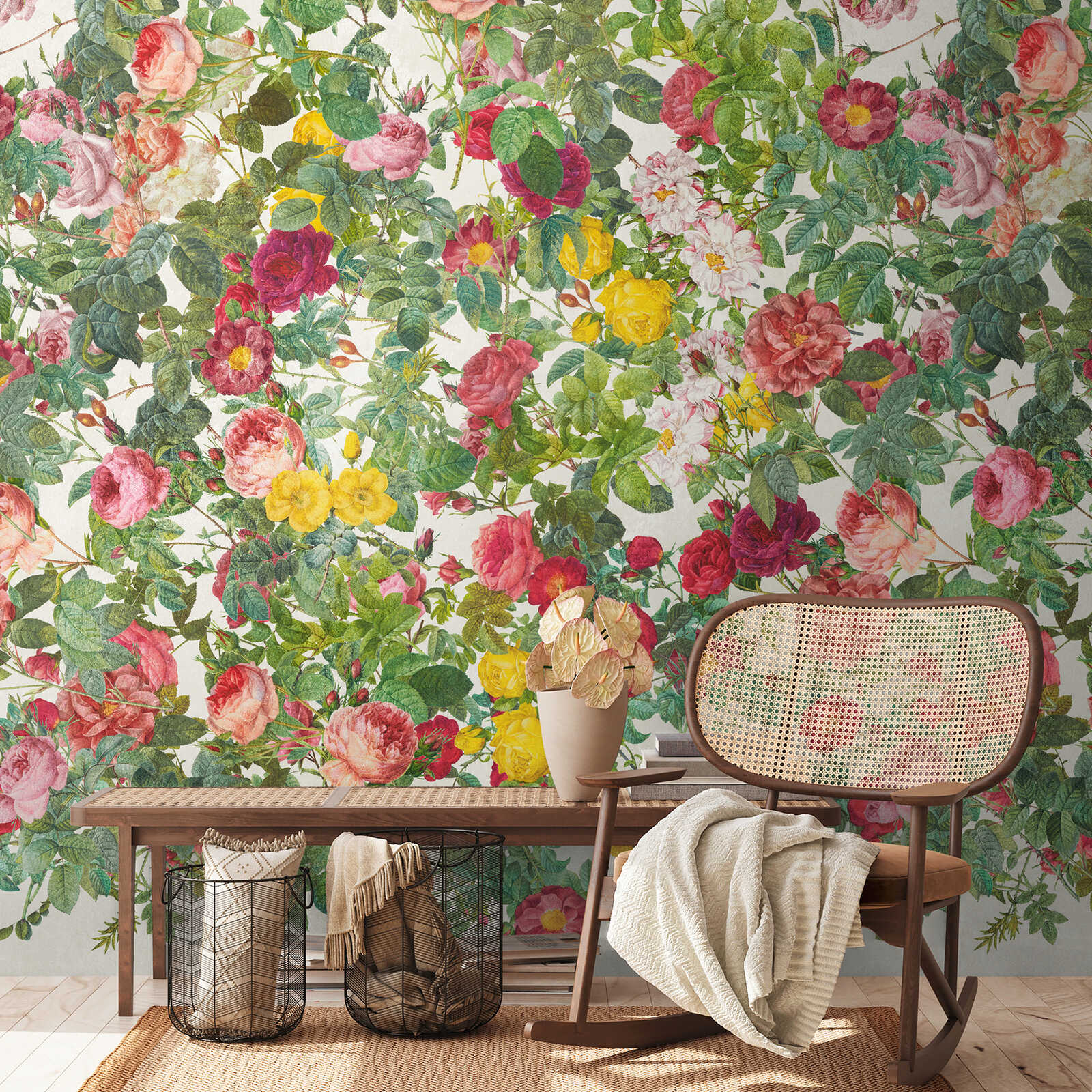 Sea of flowers Non-woven wallpaper with lush roses and blossoms in bright colours and a large-scale pattern repetition - green, pink, red
