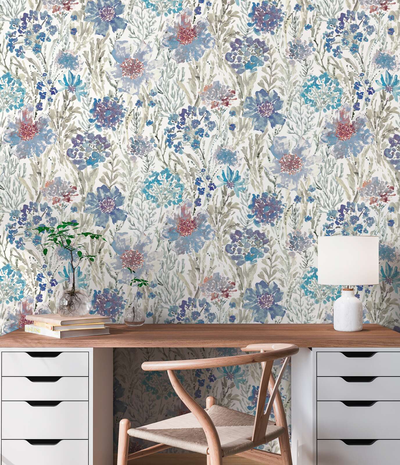             Flower and blossom meadow non-woven wallpaper in watercolour style - blue, white, grey
        