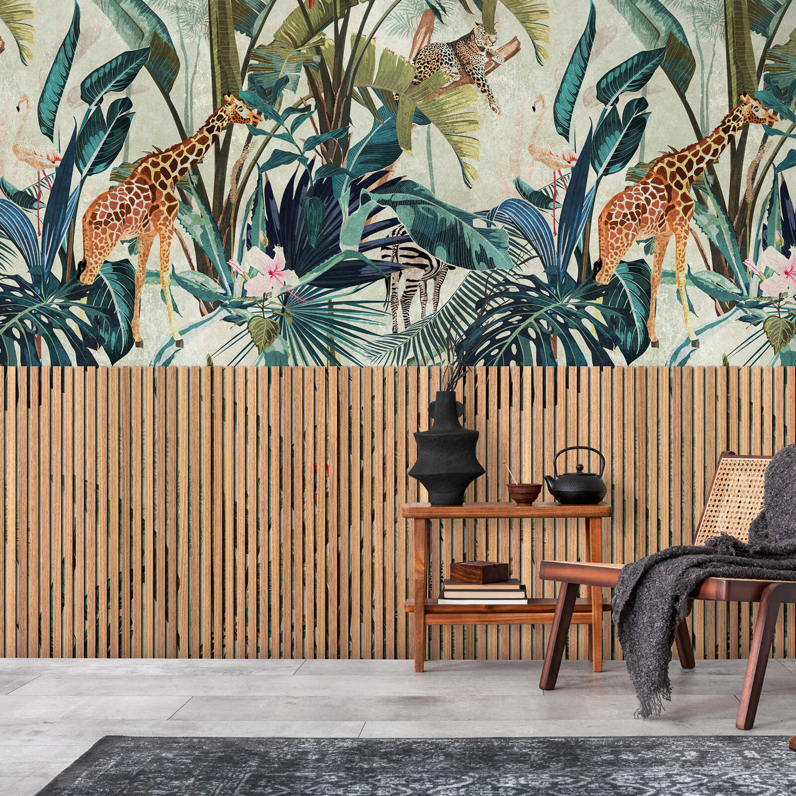             Bamboo acoustic panels non-woven wallpaper with jungle animals and a large-scale pattern repetition - beige, brown, blue
        