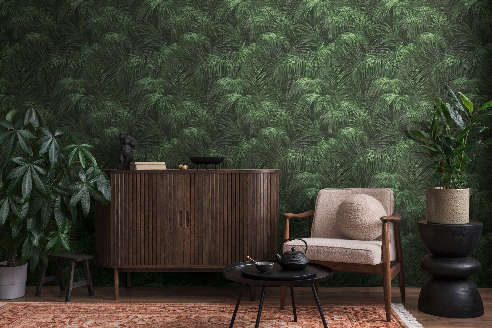             Single-coloured non-woven wallpaper with a textured effect in a simple shade - green, black
        