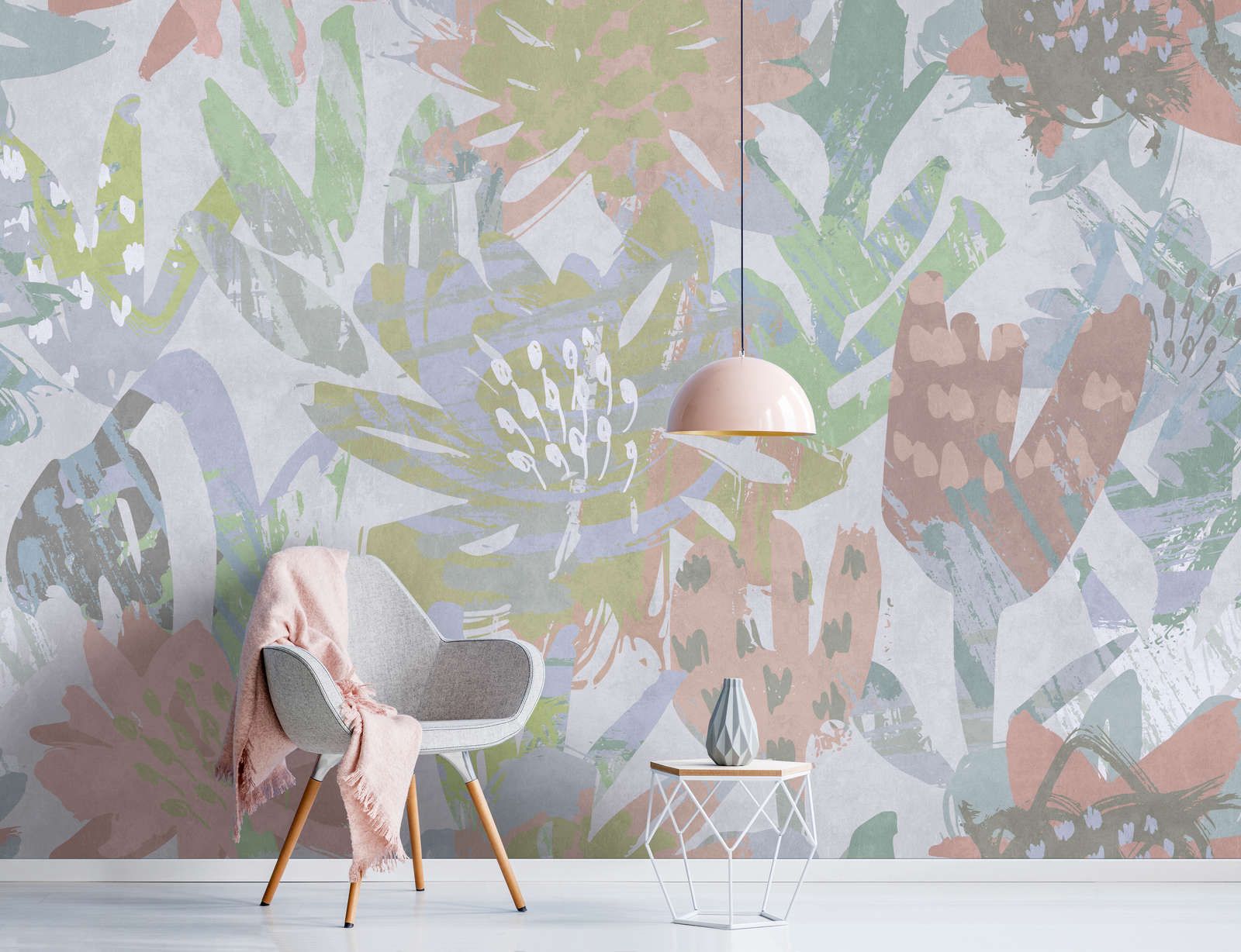             Digital behang »sophia« - Bont bloemenpatroon op betonnen pleisterstructuur - Glad, licht parelend vlies
        