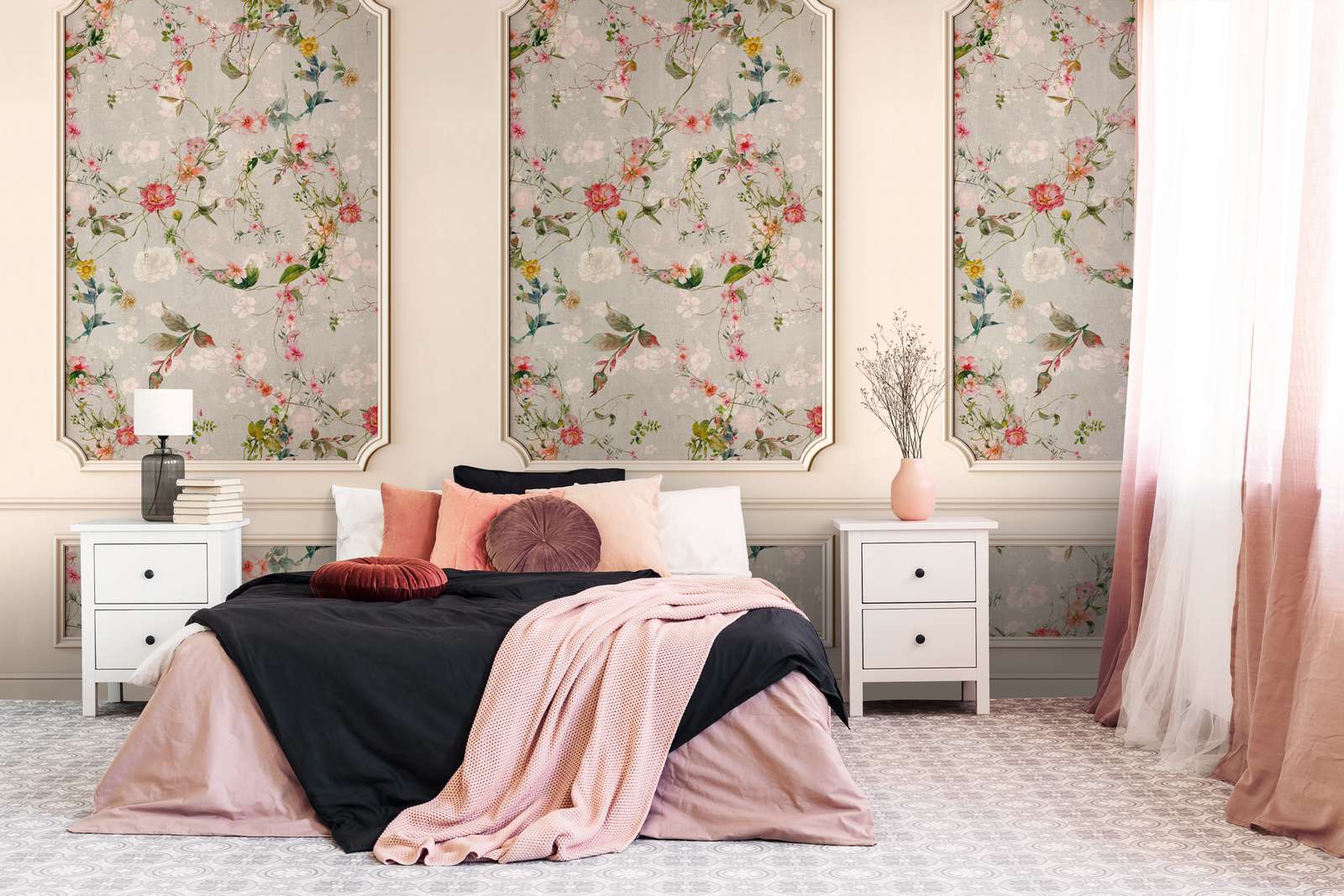             Elegant non-woven wallpaper with wall panelling and colourful floral motif in the background - beige, grey, colourful
        