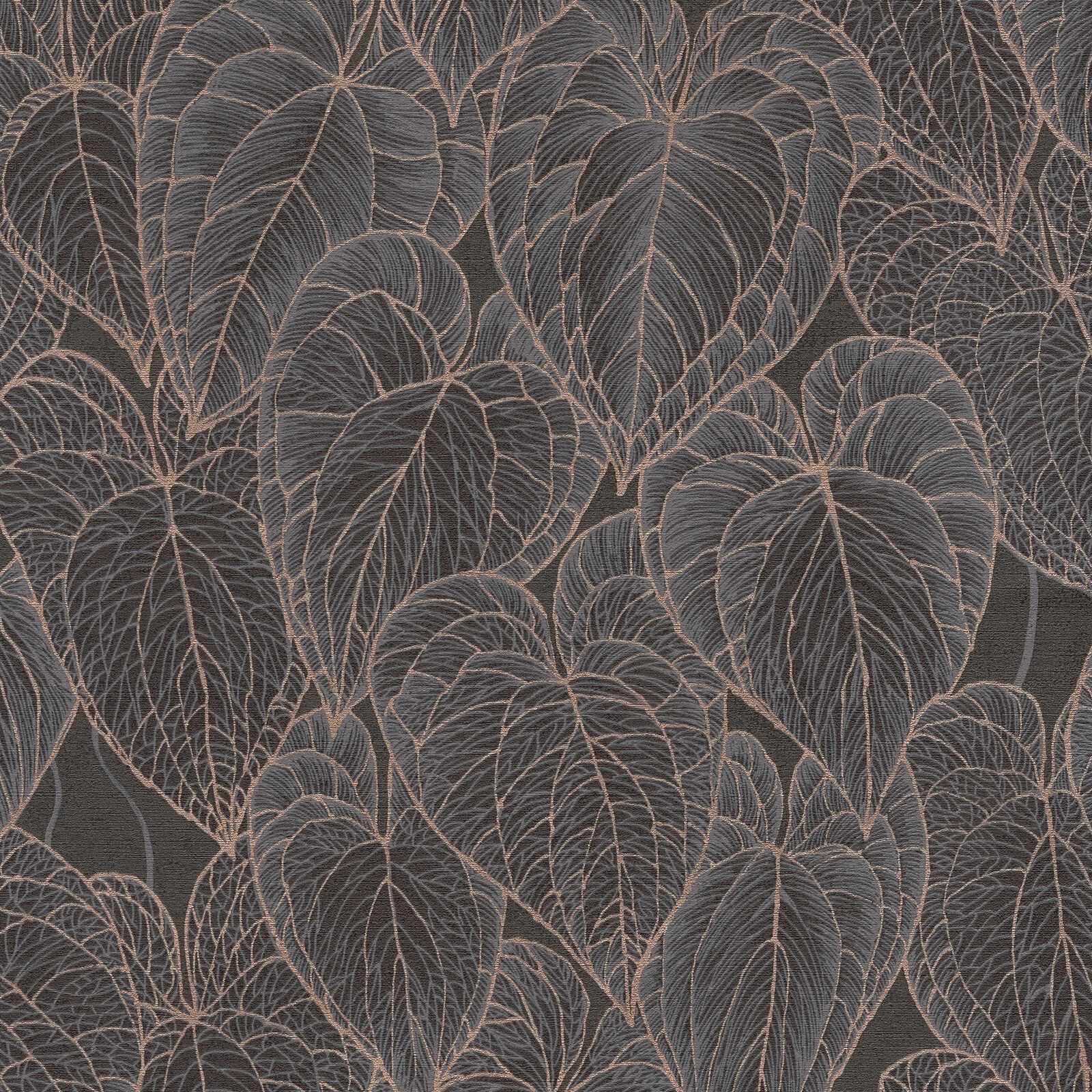 Daniel Hechter Elegant non-woven wallpaper with leaf pattern on black background with metallic accents - brown, black, gold
