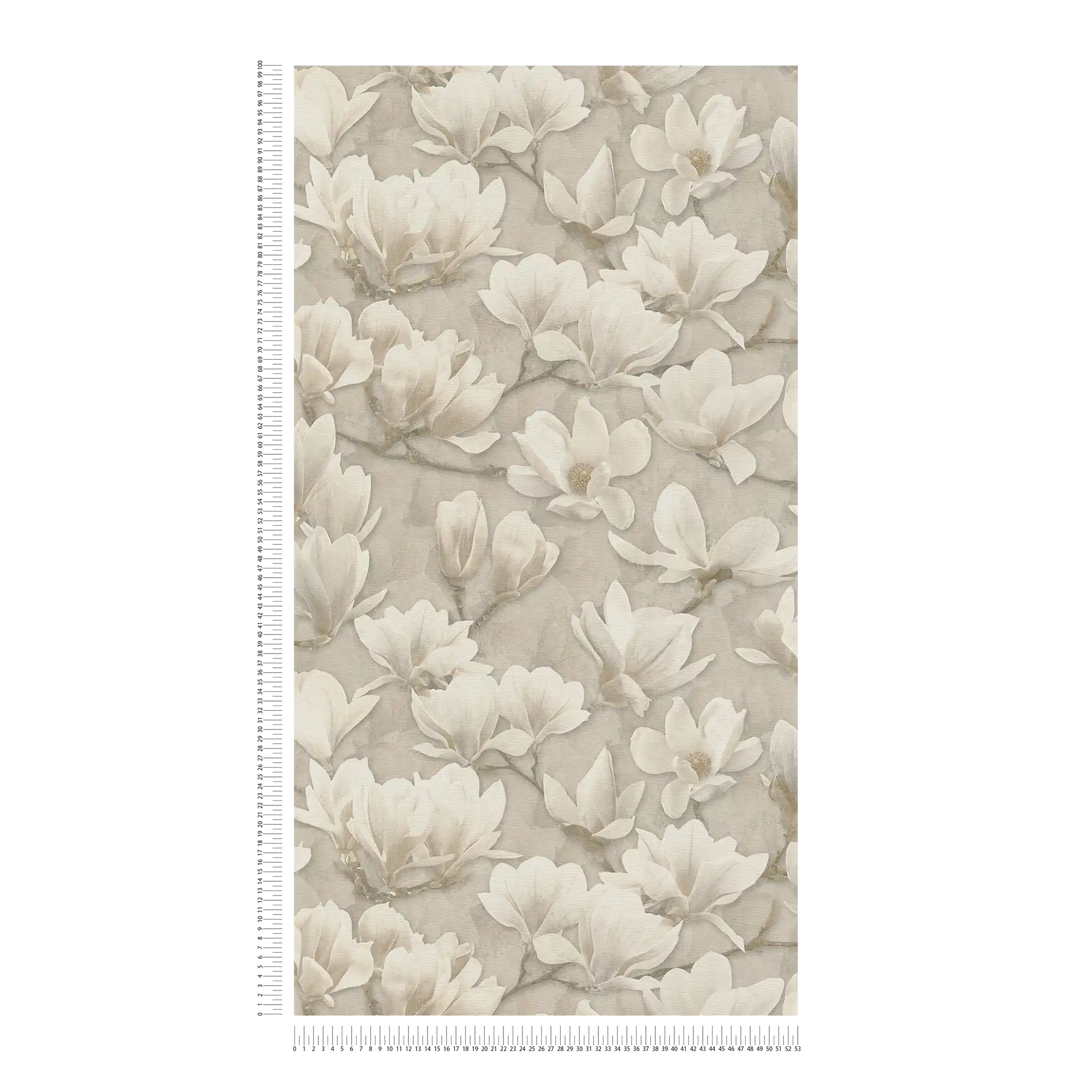             Non-woven wallpaper with all over magnolia floral motif print - beige, cream, white
        